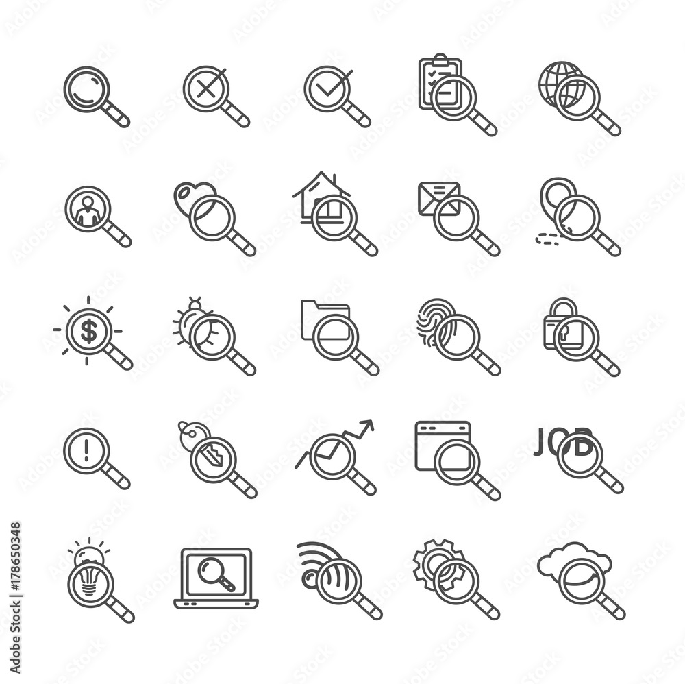 Search Signs Black Thin Line Icon Set. Vector