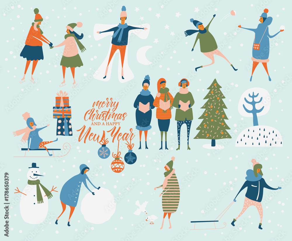 Merry Christmas and happy New year vector greeting card with winter games and people. Celebration template with playing cute people in vintage style.