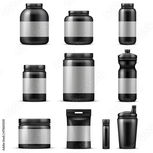 Sport food containers. Protein powder container and plastic drink bottle set isolated on white