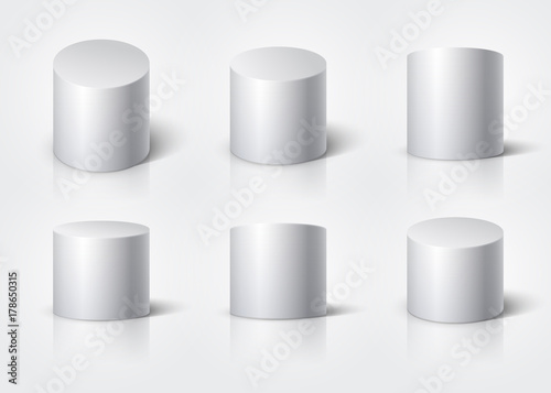 White realistic cylinder, empty stand round podium isolated. 3d geometric shapes vector set
