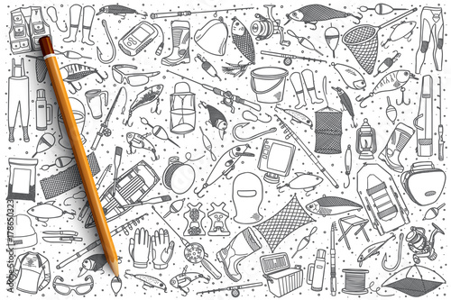Hand drawn fishing shop vector doodle set background