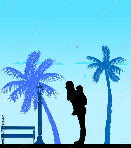 Mother carrying a child piggyback in park, one in the series of similar images silhouette