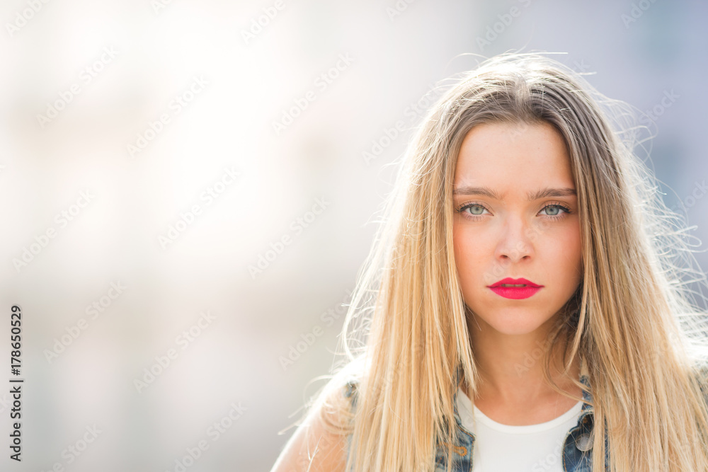 Pensive and unhappy young girl, portrait photo with copy space Pensive and unhappy young girl, portrait photo with copy space
