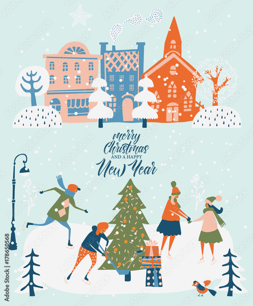 Merry Christmas and happy New year vector greeting card with winter games and people. Celebration template with playing cute people in vintage style.
