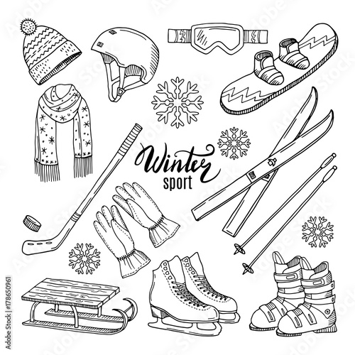 Illustrations of winter sport. Scarf, gloves, ski and others