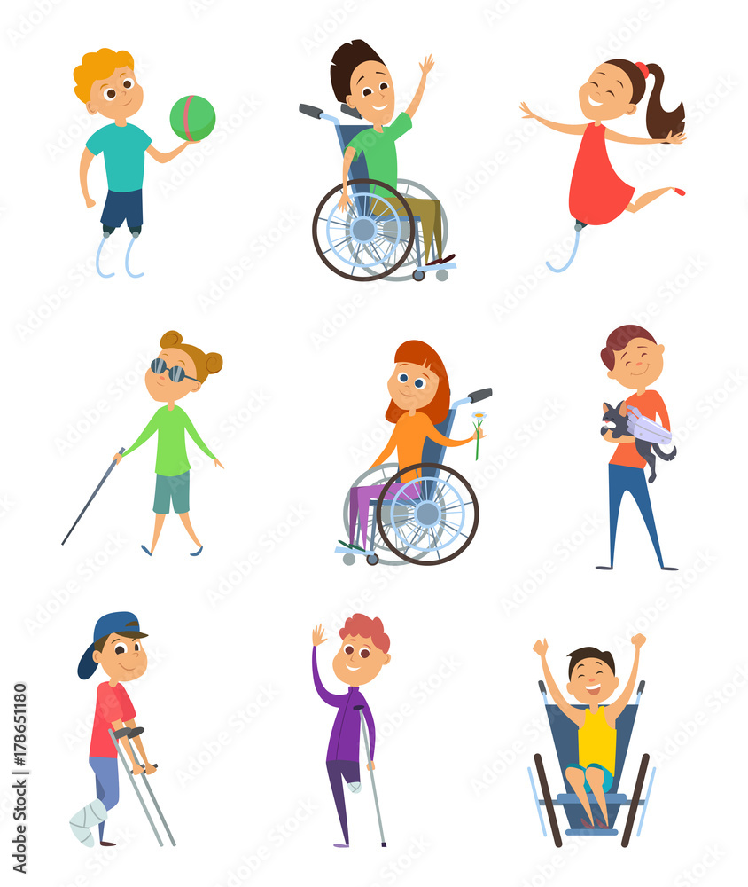 Disabled people. Wheelchair for kids. Children with disability. Vector  characters in cartoon style Stock Vector | Adobe Stock