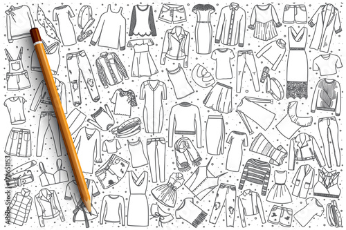Hand drawn women's clothing vector doodle set background