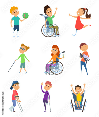 Disabled people. Wheelchair for kids. Children with disability. Vector characters in cartoon style