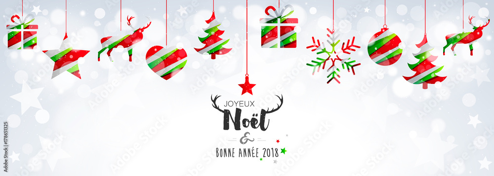 Carte de Noël 2018 avec boules colorées sur bokeh