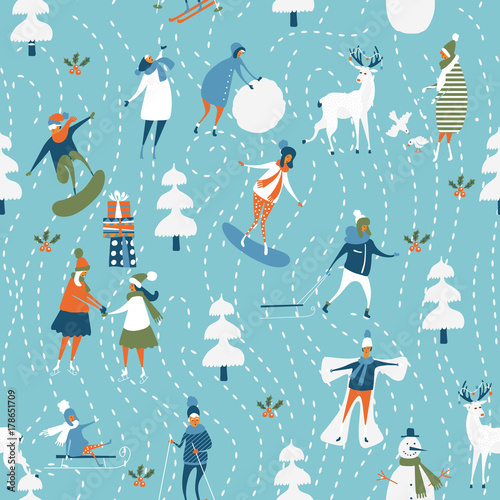 Christmas seamless vector pattern with winter games, snowman, trees, snowflakes, reindeer, kids and adults. Holiday template for wallpaper and wrapping paper in hand drawing cartoon modern style.