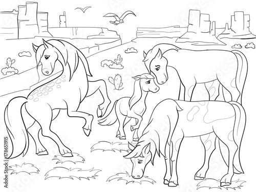 Fototapeta Naklejka Na Ścianę i Meble -  Children coloring cartoon horses grazing on meadow raster