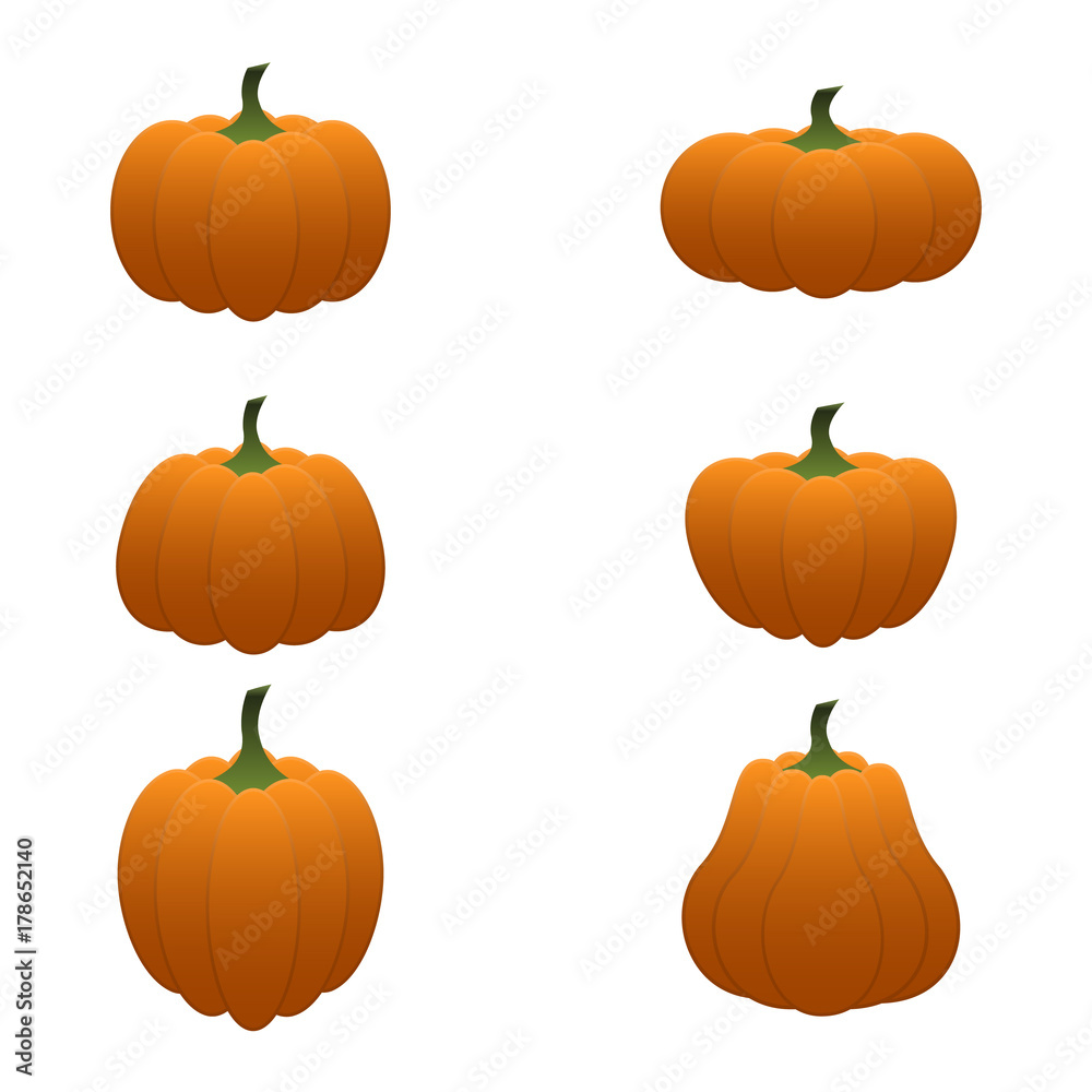 Cartoon pumpkin set. Different shapes orange gourd isolated on white background. Vector illustration. Cartoon pumpkin set. Different shapes orange gourd isolated on white background. Vector illustration.