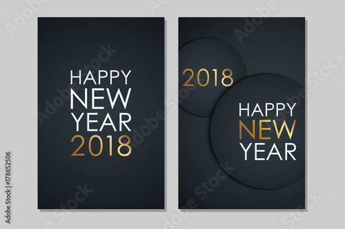 2018 Happy New Year celebrate flyers with golden colored elements and black background. Vector illustration.
