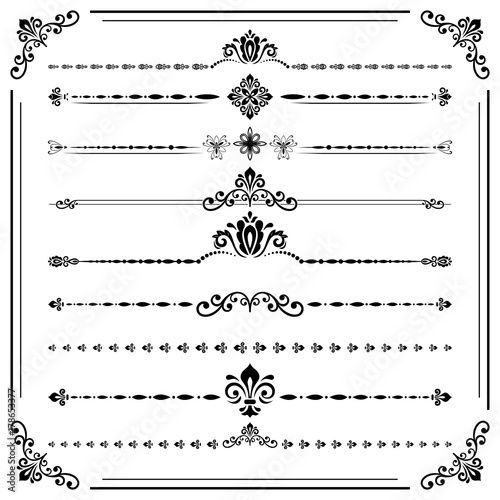 Vintage set of vector decorative elements. Horizontal separators in the frame. Collection of different ornaments. Classic patterns. Set of vintage black and white patterns