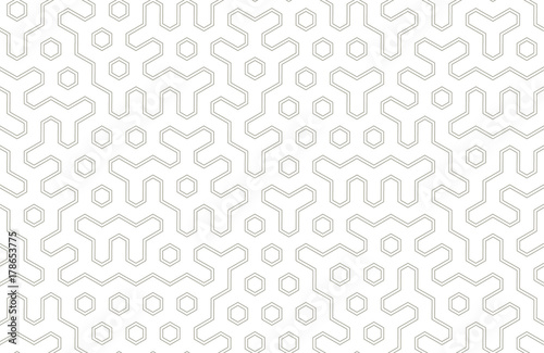 Seamless geometric pattern with hexagons and lines. Irregular structure for fabric print. Monochrome abstract background.