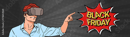 Black Friday Poster With Man Wearing 3d Virtual Reality Glasses Pointing Finger On Sale Message Horizontal Banner With Pin Up Background Vector Illustration