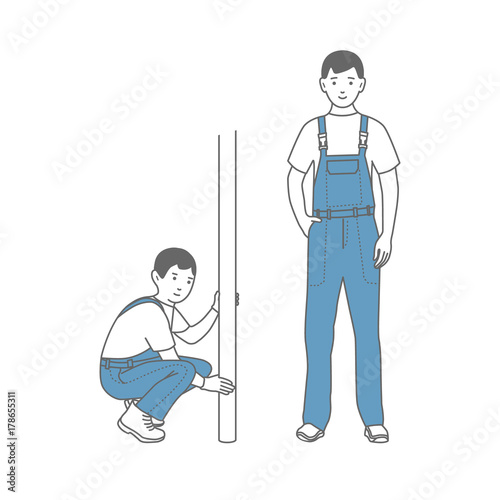 Two figures of male workers in overalls. Locksmith.
