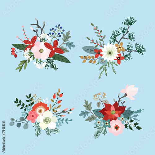 Set of Christmas bouquets made of fir, pine and eucalyptus tree branches, poinsettia, mums, magnolia flowers, holly, leaves and berries. Floral winter decoration. Isolated vector objects.