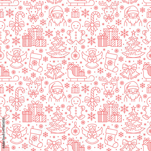 Christmas, new year seamless pattern, line illustration. Vector icons of winter holidays christmas tree, gifts, santa claus, angel, presents, jingle bells. Celebration party red repeated background.