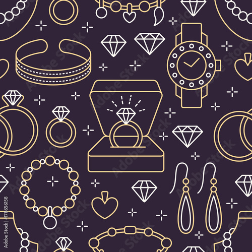 Jewelry seamless pattern, line illustration. Vector icons of jewels accessories - gold engagement rings, diamond, pearl necklaces, charms, watches. Fashion store repeated background.