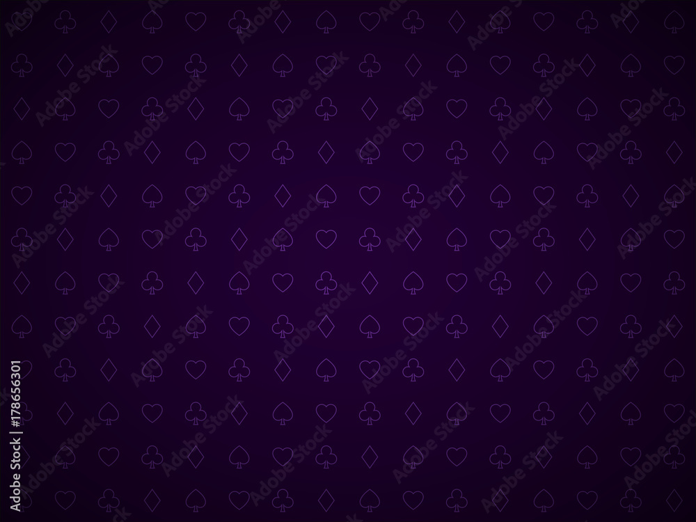 Vector poker purple background, playing card symbols pattern, blackjack