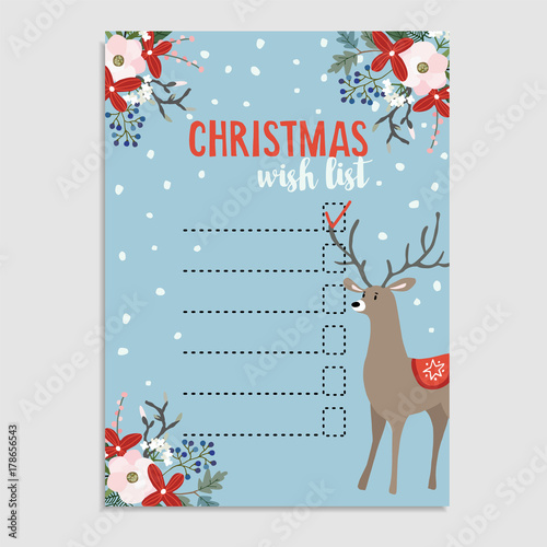 Cute Christmas wish list with deer, winter floral decoration and falling snow. Vector illustration background.