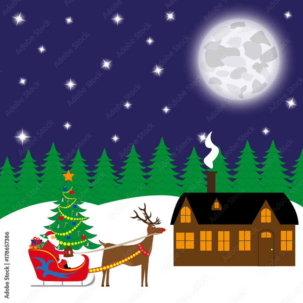 christmas card, Santa Claus carries gifts in a sleigh