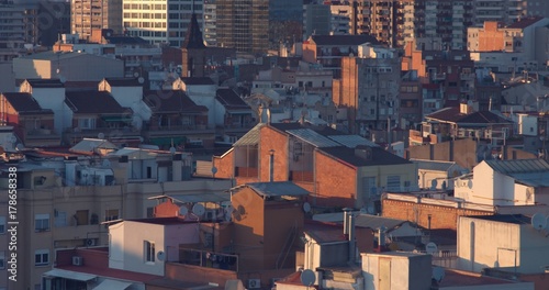 pan movement acrossphoto oa city buildings of Barcelona at sunrise
