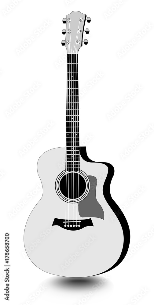 Guitar isolated monochrome drawing with shadow on white background