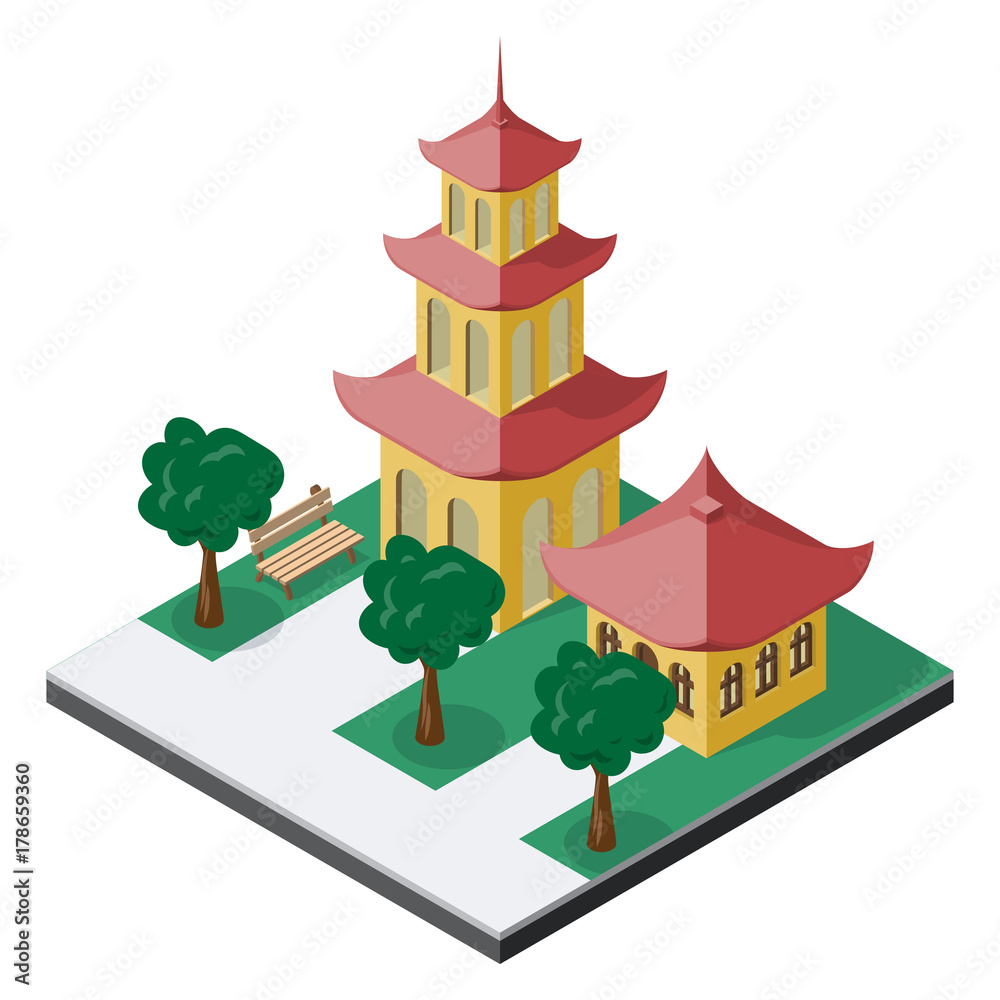 Obraz premium Chinese pagoda buildings with trees and bench in isometric view.
