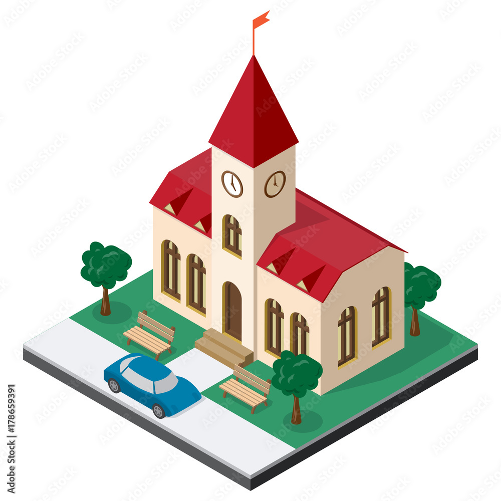 Town hall building with benches, trees and car in isometric view. Town hall building with benches, trees and car in isometric view.