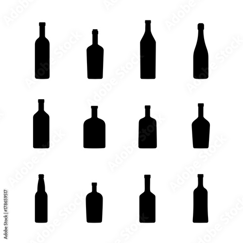 Bottles of alcoholic beverages, black silhouettes. Vector
