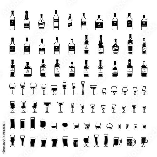 Set of black and white bottles of alcohol in different styles. Vector