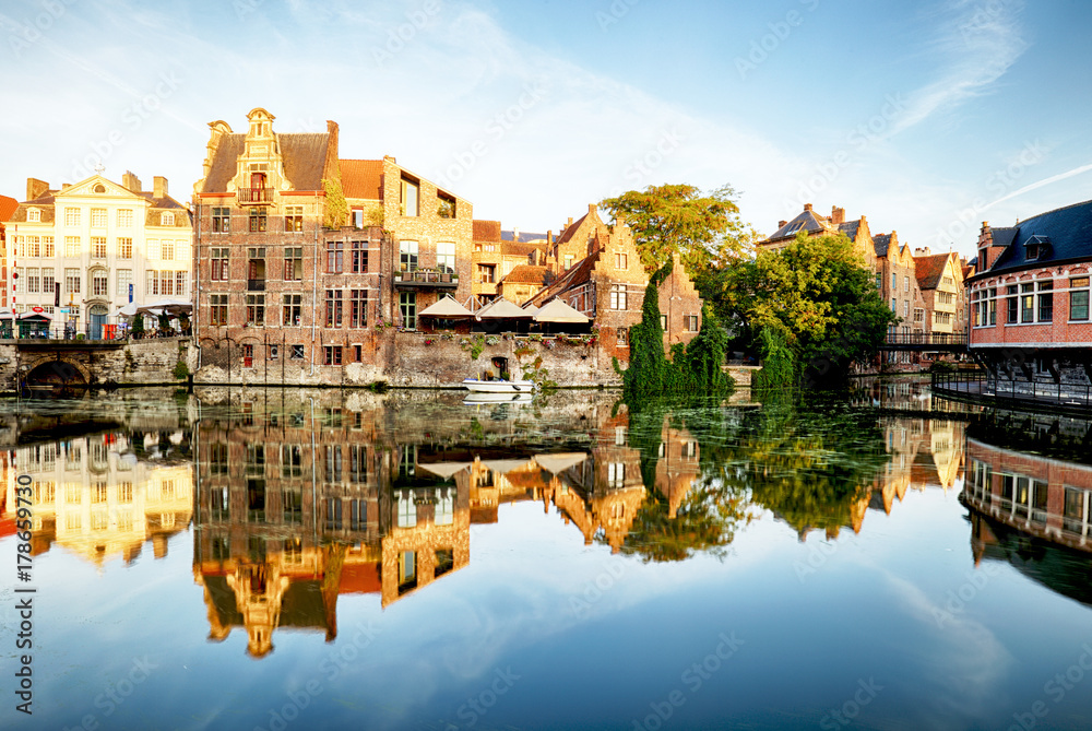 Belgium, Ghent - canal and medieval buildings in popular touristic city