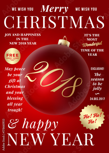 Christmas Greeting Card, Poster, Banner or Party Invitation as a Magazine Cover. Vector Realistic Xmas Ball with Soft Shadows and Modern Typografy.