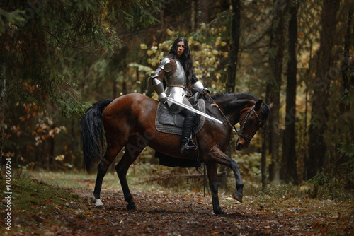 Portrait of beautiful medieval girl warrior in a chain mail hood.