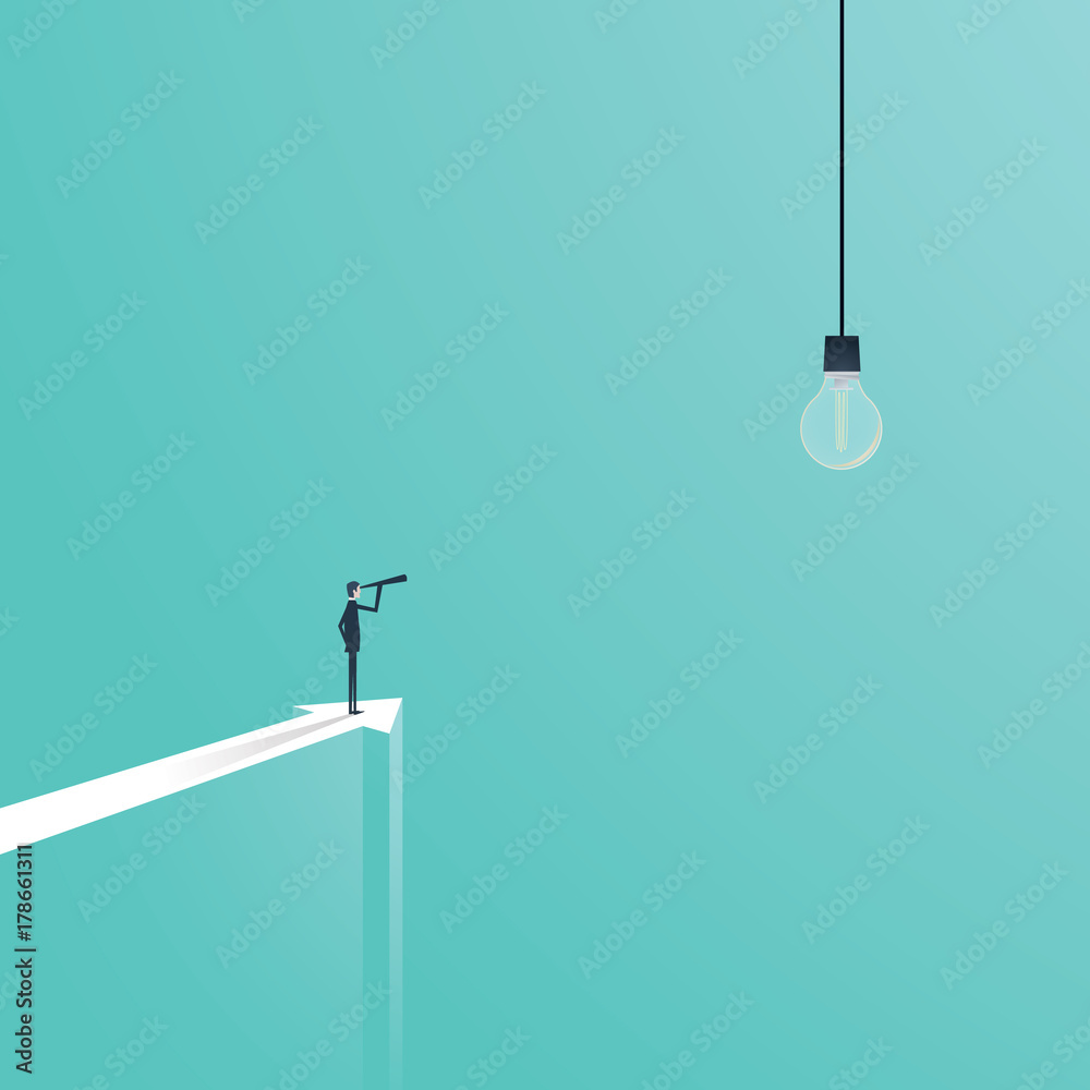 Business creativity vector concept with business visionary looking at lightbulb as a genius idea symbol. Business creativity vector concept with business visionary looking at lightbulb as a genius idea symbol.