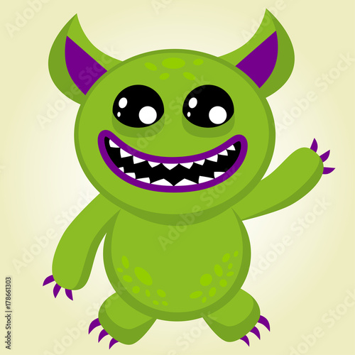 Creative vector background with a merry violet-green monster resembling a troll, a merry and contented face, halloween. Funny wallpaper for textile and fabric.Fashion style.