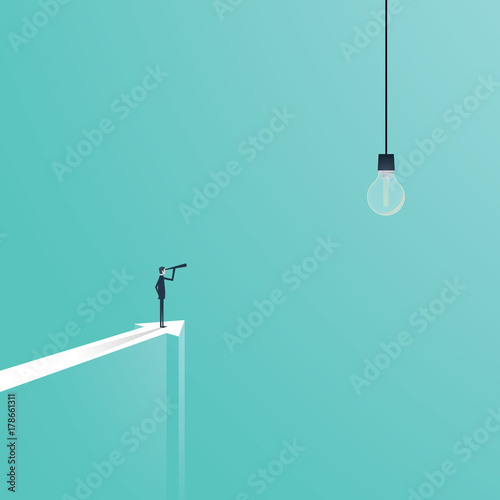 Business creativity vector concept with business visionary looking at lightbulb as a genius idea symbol.