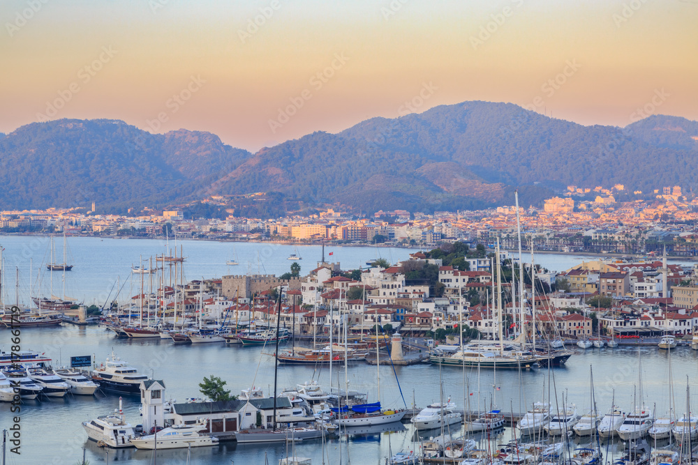 Aerial view of Marmaris of lighthouses and the Castle, Turkey