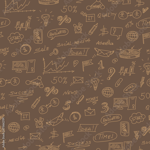 Seamless pattern on the theme of business  beige contour icons on brown background