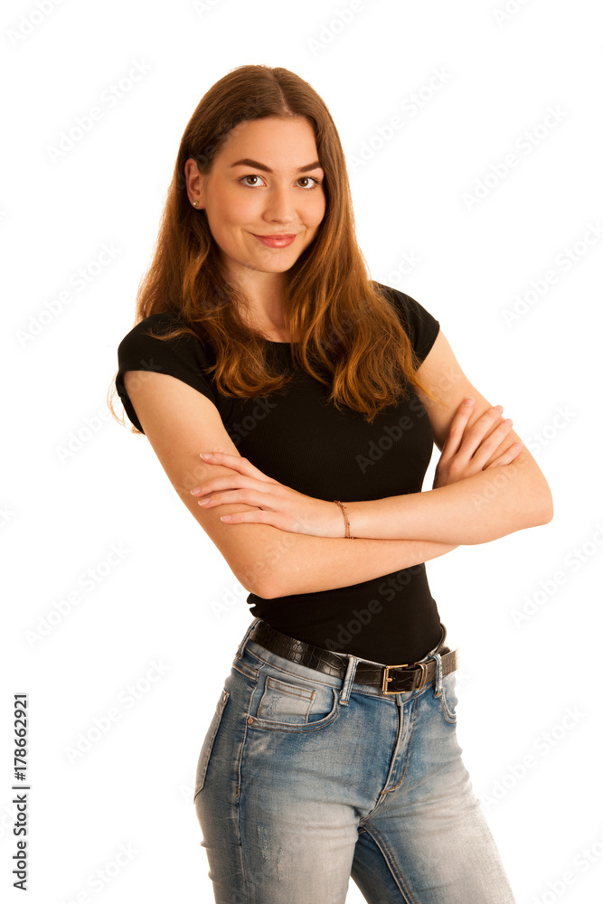 attractive young woman in jeans and black t shirt isolated over white background attractive young woman in jeans and black t shirt isolated over white background