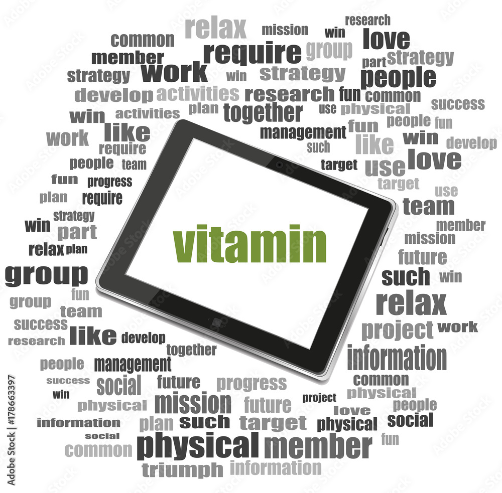 Text vitamin. Heath care concept . Word collage with tablet pc Text vitamin. Heath care concept . Word collage with tablet pc
