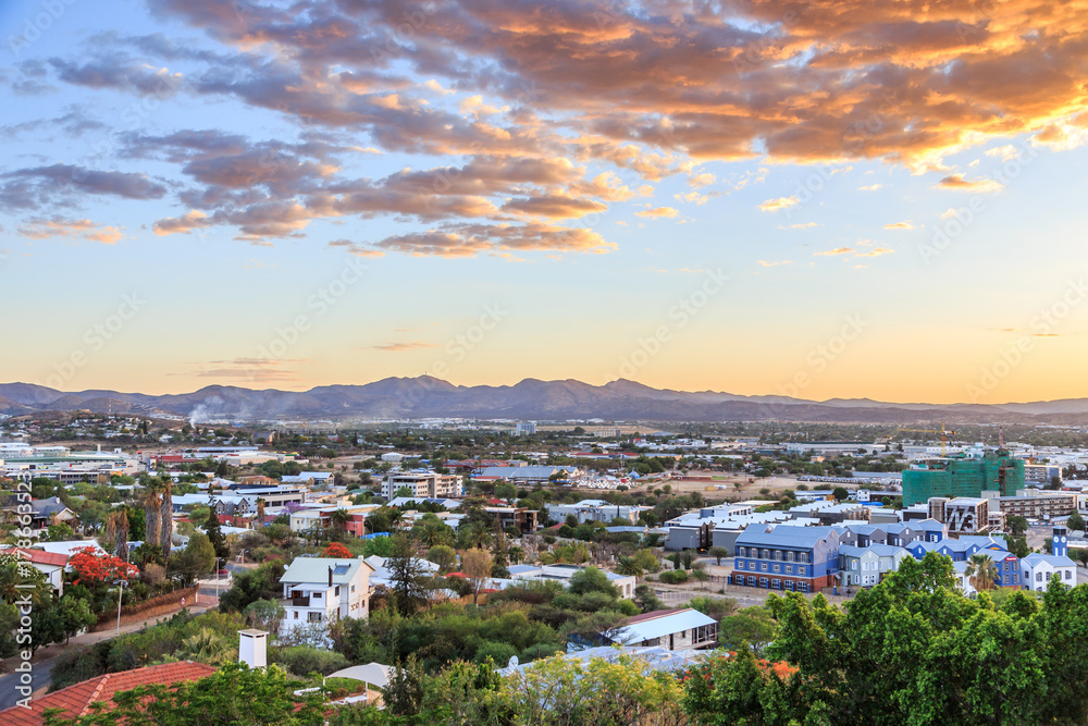 Sunset over Windhoek city panorama with mountains in the background, Windhoek, Namibia