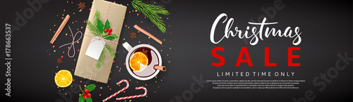 Dark Web Banner for Christmas Sale. Vector Illustration with Discount Offer. Promo Greeting Card with Lettering. Top View on Festive Decoration with Paper Gift Box for Happy New Year.