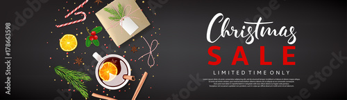 Web Banner with Xmas Composition. Vector Illustration with Discount Offer. Greeting Card with Lettering. Top View on Festive Decoration with Paper Gift Box for Happy New Year.