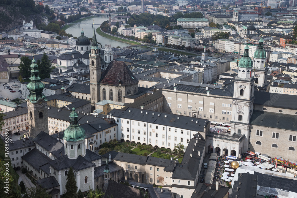 View of the old town from the Hohensalzburg castle during the St. Rupert's fair