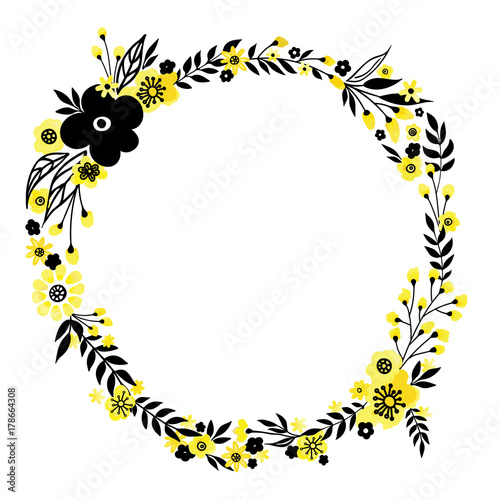 Floral decorativ frame. Yellow flowers isolated on white. Round wreath design element. Vector illustration