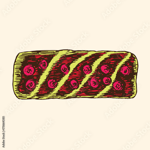 Cookie with cherry jam, hand drawn doodle, simple sketch in pop art style, vector color illustration