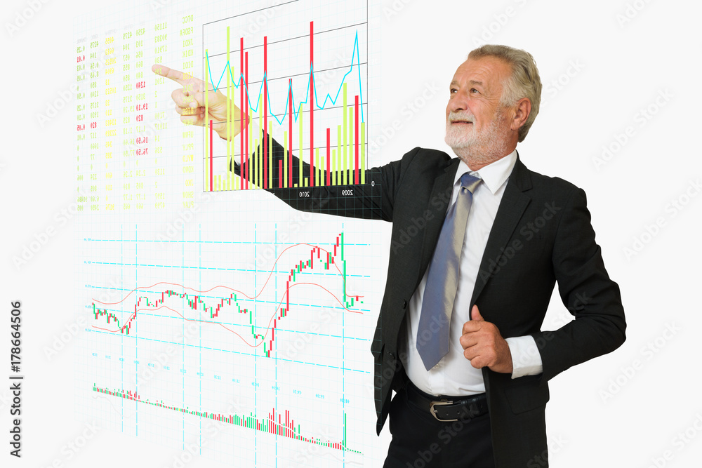 BusinessMan point his hand to Digital Stock Market information board BusinessMan point his hand to Digital Stock Market information board